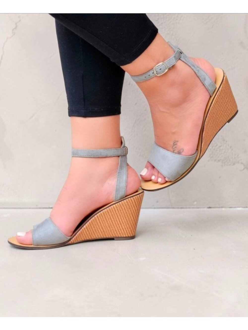Womens Grey Wedge Sandals With Ankle Strap & Open Toe Design